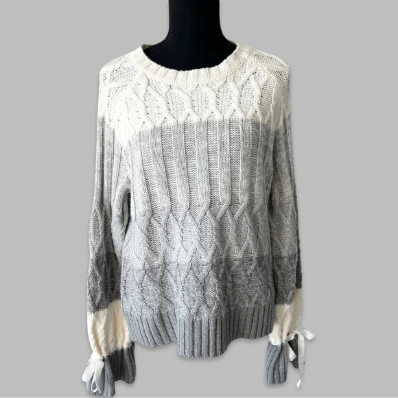 Max Studio Colour  Block Wool Blend Cable Knit Ruffle Sleeve Sweater - Picture 1 of 13
